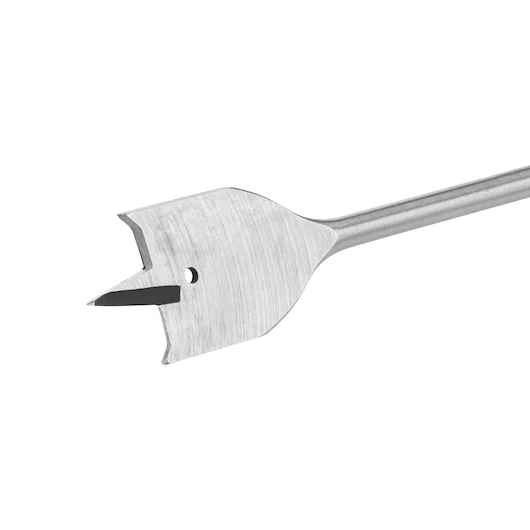 Close-up of a DEWALT flat spade drill bit with a sharp cutting edge, designed for drilling large holes in wood.