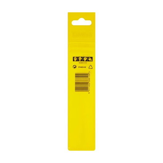 Back view of DEWALT DT4828 product packaging, showing a yellow plastic pack with safety icon illustrations, product code, barcode, recycling symbols, and hanging slot at the top.