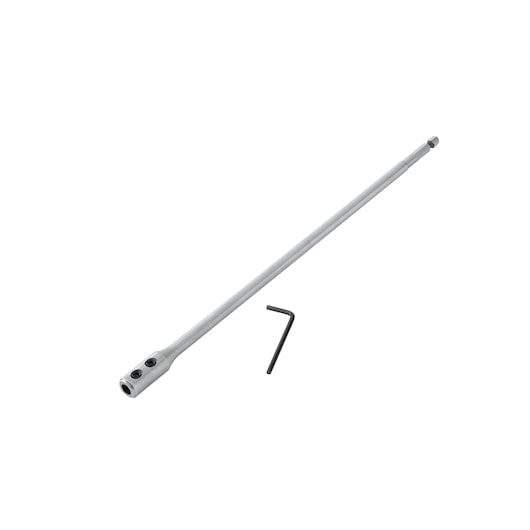 A DEWALT drill bit extension rod with a hex key tool, both placed on a white background.