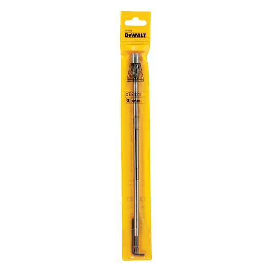 A packaged DEWALT drill bit extension, model DT4849, with yellow branding. The label indicates a diameter of 7.2 mm and a length of 305 mm. The product is displayed vertically in clear retail packaging.