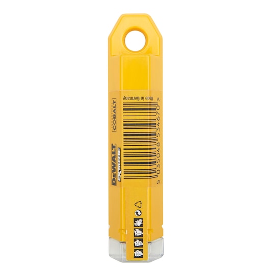 A yellow DEWALT branded plastic container for industrial cobalt drill bits, with a barcode and safety icons on the label. The packaging has a hanging hole at the top and is labeled 'Made in Germany.'