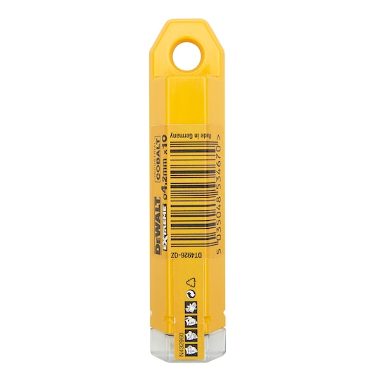 DEWALT DT4926 yellow drill bit pack with barcode and hanging hole, suitable for photography and hardware storage.