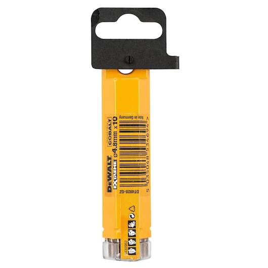 DEWALT DT4928 Extreme cobalt drill bit set, yellow packaging with barcode and hanging tab.
