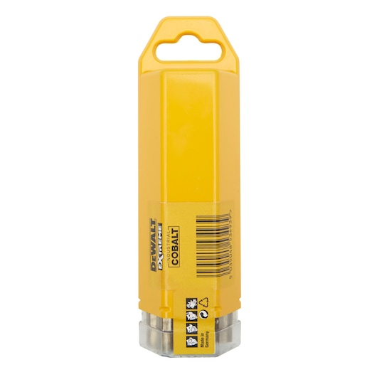 Yellow DEWALT DT4938 cobalt drill bit case with barcode and label, shown upright against a white background.