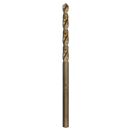 A single gold-colored metal drill bit with a spiral design, shown vertically on a white background.