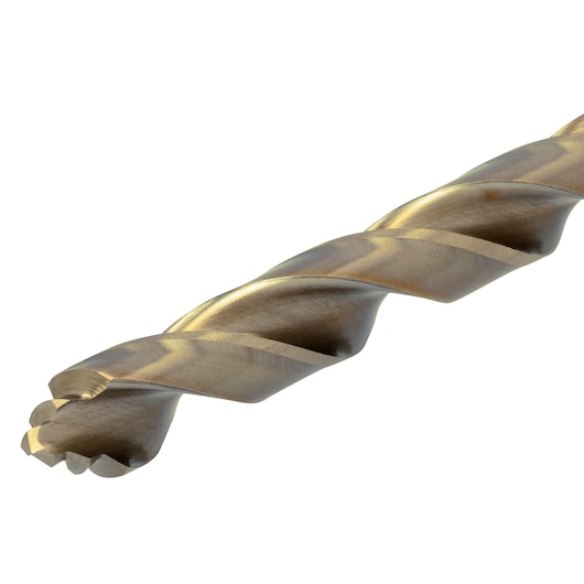 Close-up of a DEWALT metal drill bit with a spiral tip, photographed against a white background.