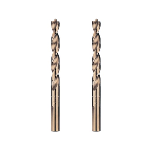 Two metallic twist drill bits are standing upright side by side, designed for drilling hard materials. Both bits have a spiral design for efficient cutting.