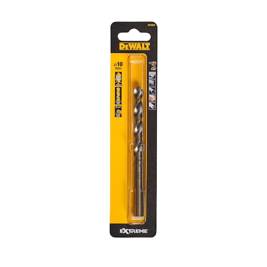 Packaged DEWALT Extreme drill bit, 10 mm size, in black and yellow cardboard blister packaging.