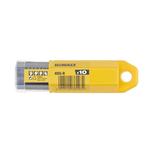 A yellow plastic DEWALT container labeled HSS-R x10, containing ten high-speed steel drill bits. The packaging has a barcode, safety icons, a transparent cap, and a hanging hole.
