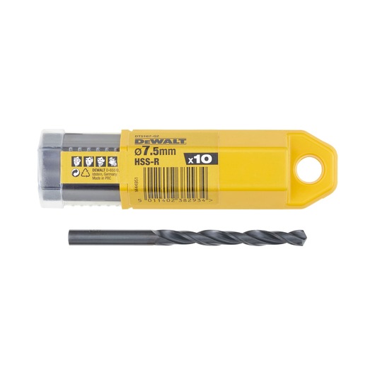 DEWALT DT5167 7.5mm HSS-R drill bit and yellow storage tube, suitable for metal drilling.