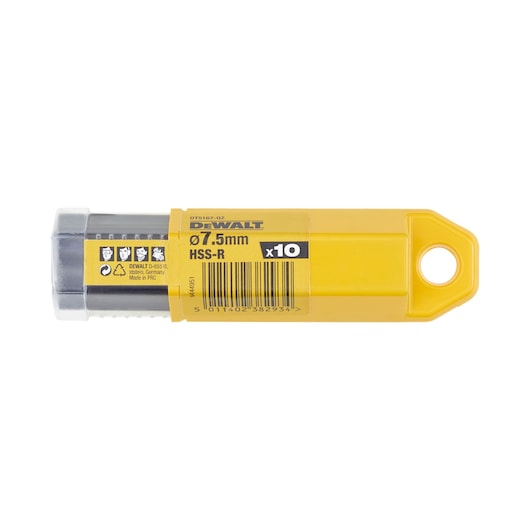 DEWALT DT5167 HSS-R drill bit set, 7.5mm diameter, x10 pieces, in yellow plastic case.
