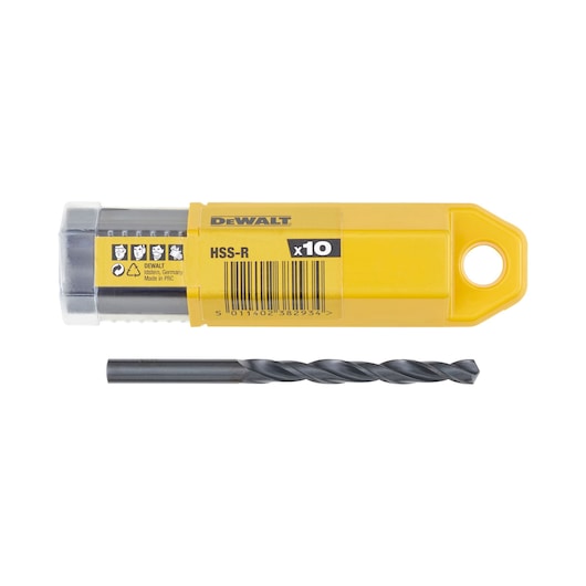 A DEWALT HSS-R drill bit set with a yellow plastic case labeled 'x10'. One drill bit is placed in front of the case.
