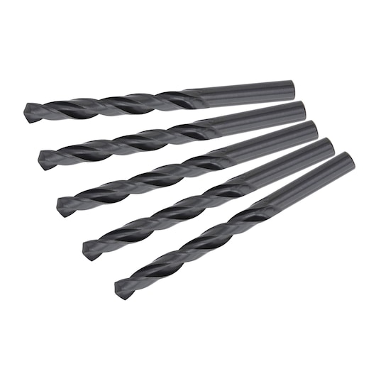 Five black metal twist drill bits arranged in a fanned-out pattern on a white background.