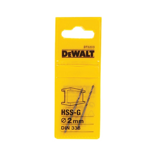 DEWALT DT5203 HSS-G 2mm drill bits pack in yellow plastic, suitable for metal drilling.