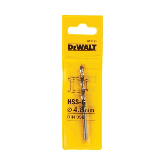 DEWALT DT5213 HSS-G drill bit in yellow packaging, diameter 4.8mm, suitable for metal drilling.