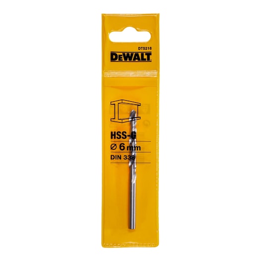 DEWALT DT5216 HSS-G 6mm metal drill bit in yellow packaging, suitable for metalworking.
