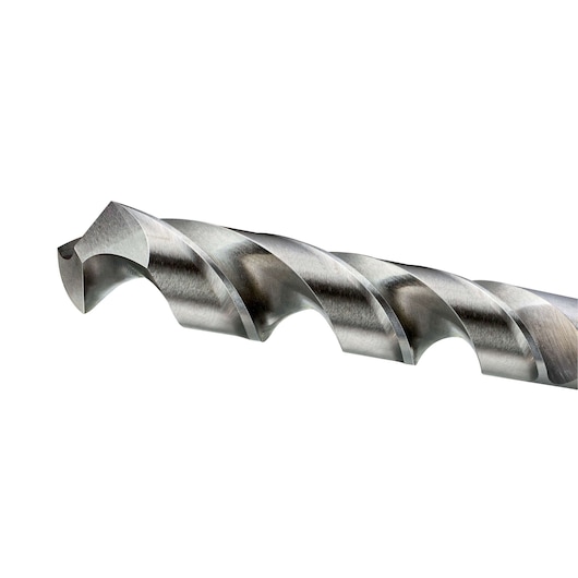 Close-up of a metallic DEWALT DT5220 drill bit with spiral grooves, used for precise drilling in materials.
