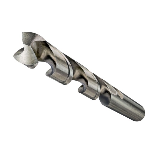 Close-up view of a DEWALT DT5224 metal drill bit, featuring a spiral flute design and pointed tip, used for drilling into metal surfaces.