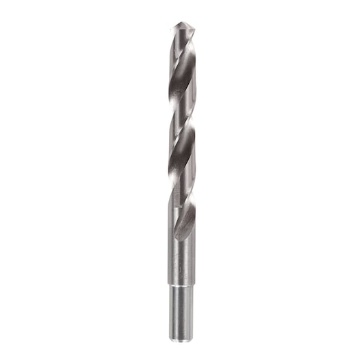 A single metal drill bit with a cylindrical shank and spiral flutes, shown upright against a white background.