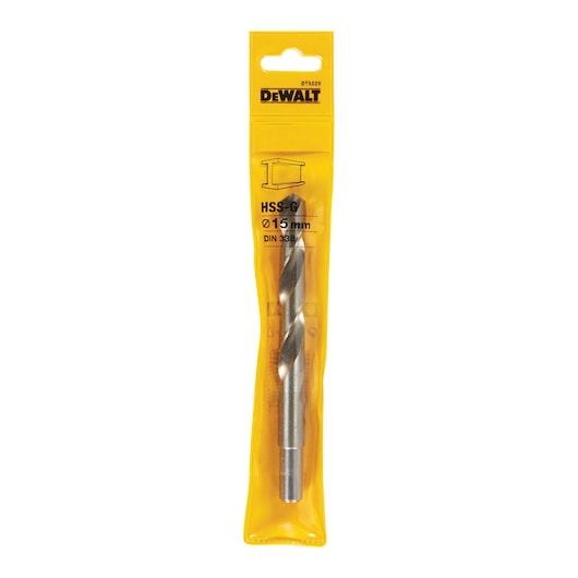 A DEWALT DT5229 HSS-G drill bit with a 15 mm diameter, packaged in a yellow plastic sleeve.
