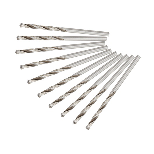 Set of ten silver DEWALT drill bits arranged in a fanned pattern on a white background.