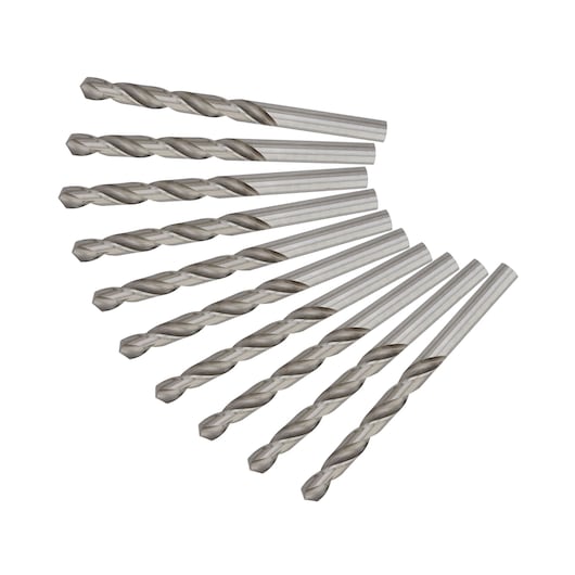 A set of ten silver metal twist drill bits arranged in a fan shape on a white background.