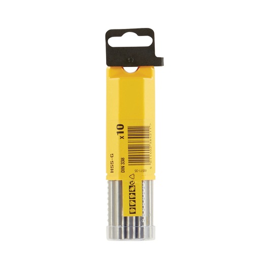 A yellow DEWALT branded cylindrical product packaging containing ten HSS-G drill bits, shown upright with a black hanging tab and barcode visible.