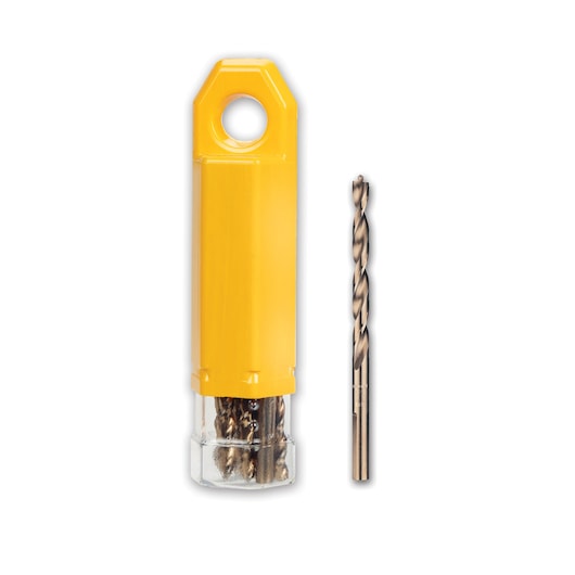 A set of DEWALT drill bits shown with one drill bit placed next to a yellow plastic storage case containing additional drill bits.