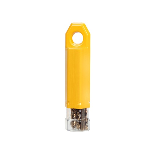 A yellow plastic container with a transparent bottom section, holding several drill bits inside. The top of the container has a hole for hanging or carrying.