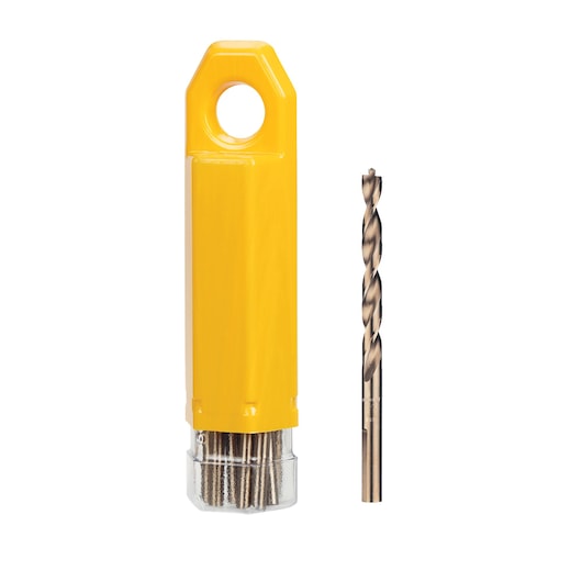 A set of metal drill bits with a yellow plastic storage case, shown with one drill bit standing upright beside the case.