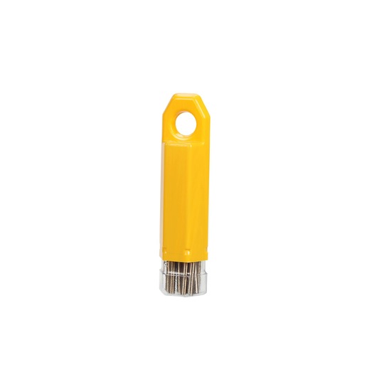 A yellow plastic container with a hole at the top, holding several metal drill bits visible at the bottom.