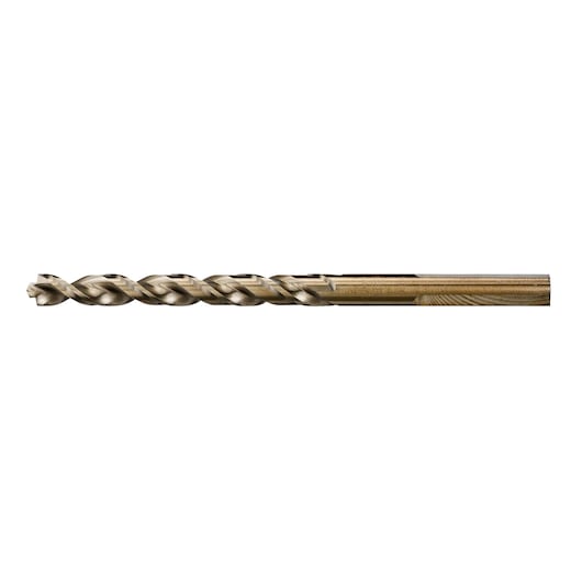 A metallic DEWALT drill bit with spiral grooves, shown against a white background.