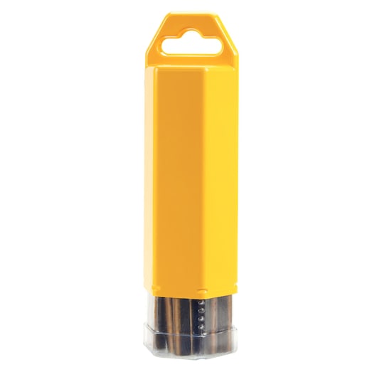 DEWALT DT5563 drill bit set in yellow plastic case with transparent bottom.