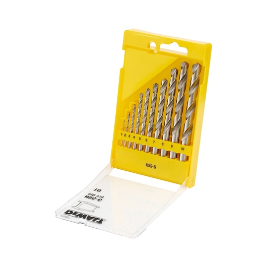 Yellow DEWALT drill bit set with ten sizes in a plastic case, lid open, bits arranged from smallest to largest.
