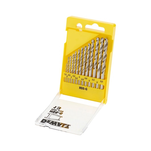 A set of DEWALT HSS-G metal drill bits in various sizes is shown inside a yellow plastic case with a transparent lid, displayed open. The drill bits are organized in a row, each slot labeled with its diameter from 1.5 mm to 6.5 mm.