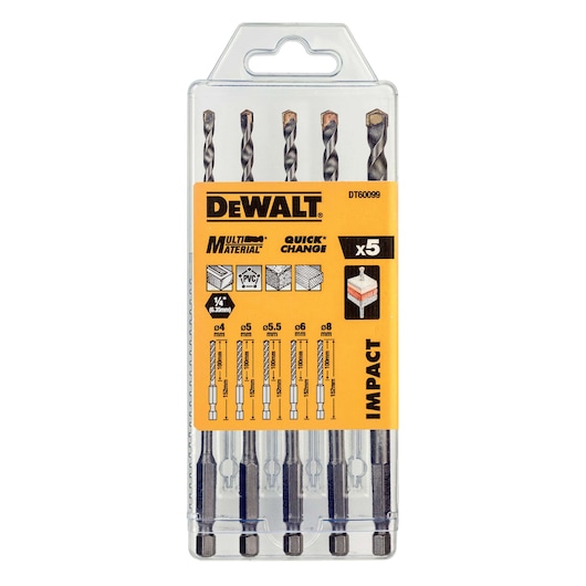 DEWALT DT60099 drill bit set, 5 multi-material impact bits in clear plastic case with yellow label.