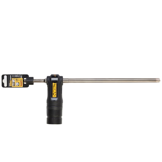 DEWALT drill bit with a long metal shaft and black handle, product label attached, shown against a white background.