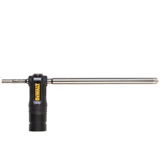 DEWALT drill depth gauge with long metal rod and black plastic handle, viewed from the side.
