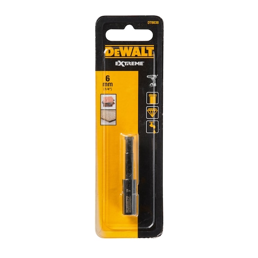 DEWALT DT6038 6mm drill bit in retail packaging, suitable for concrete and masonry materials.