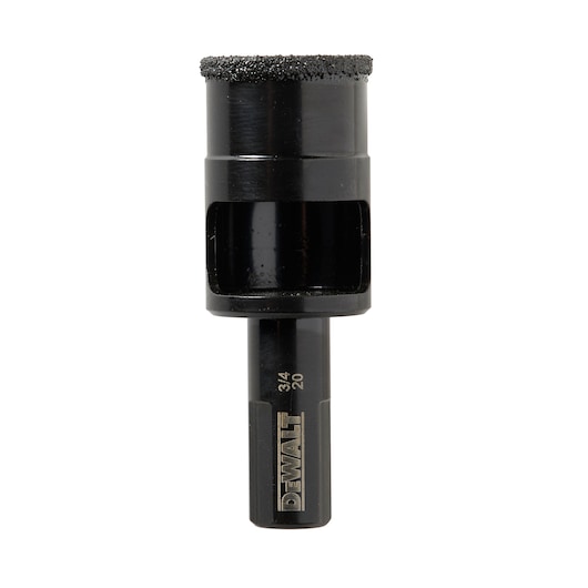 DEWALT DT6044 black hole saw with grit edge for cutting, shown upright on white background.