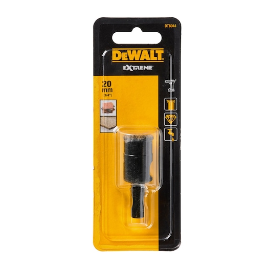 DEWALT DT6044 Extreme 20mm drill bit in retail packaging for masonry and tile drilling.