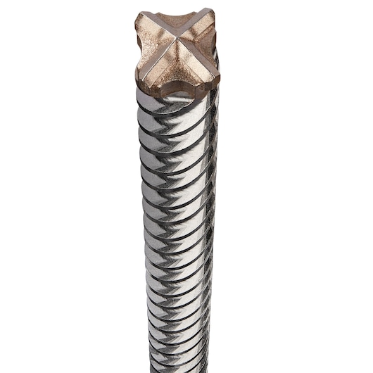 Close-up of a DEWALT DT60809 rotary drill bit with a spiral design and cross-tip used for masonry drilling.