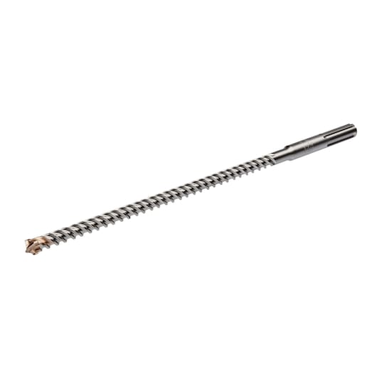 Long spiral DEWALT drill bit with carbide tip shown on white background.