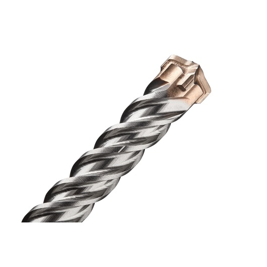 Close-up of a DEWALT metal drill bit with a twisted design and a carbide tip.