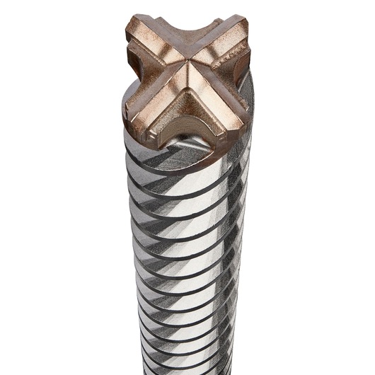 Close-up view of a DEWALT DT60811 masonry drill bit with a spiral shaft and cross tip.