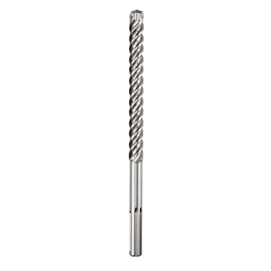 Metal drill bit with spiral flutes, used for drilling into tough materials like concrete or masonry.