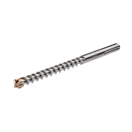A close-up image of a DEWALT DT60818 masonry drill bit with a spiral design and carbide tip, designed for use with hammer drills.