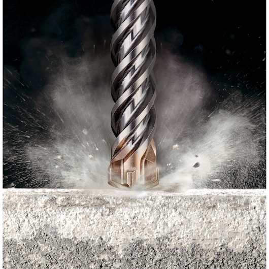 DEWALT DT60820, DT60820-QZ drill bit impacts concrete with dust spray, Photography product shot.