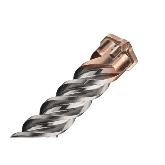 Close-up of a DEWALT metal drill bit with a spiral design and copper tip, on a white background.