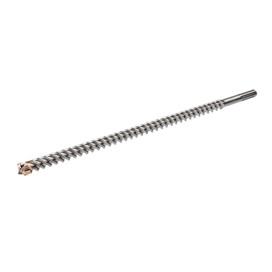 A long, metal masonry drill bit with a spiral design and a specialized cutting tip, shown on a white background.